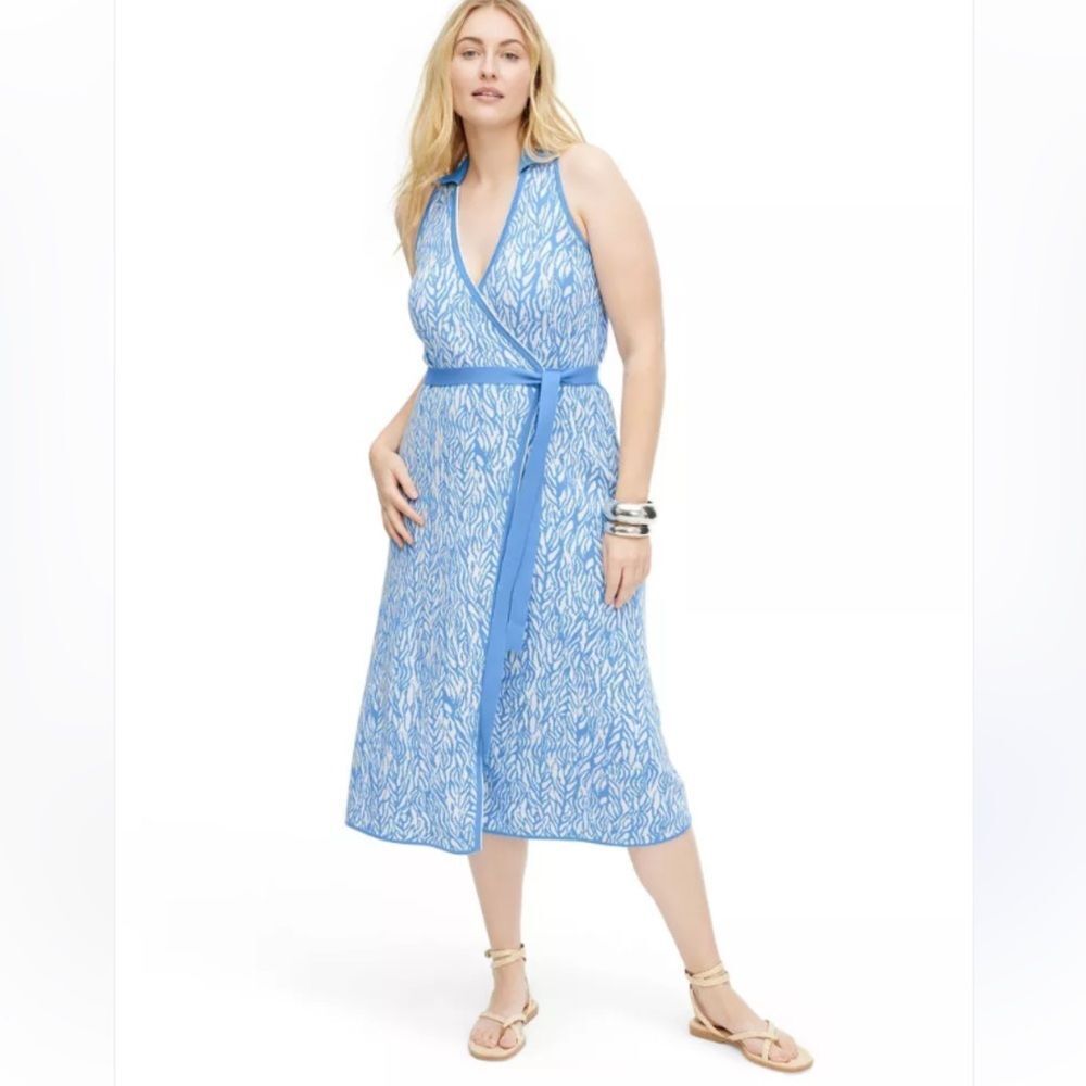 DVF x Target XXL Blue White Sea Twig Collared Knit Sleeveless Wrap Tie Dress